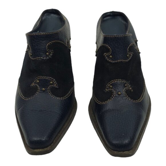 Western Blue Leather Suede Mules Boot Style Clogs Sz 6 Brass Studs Rodeo Slip On - Picture 10 of 12